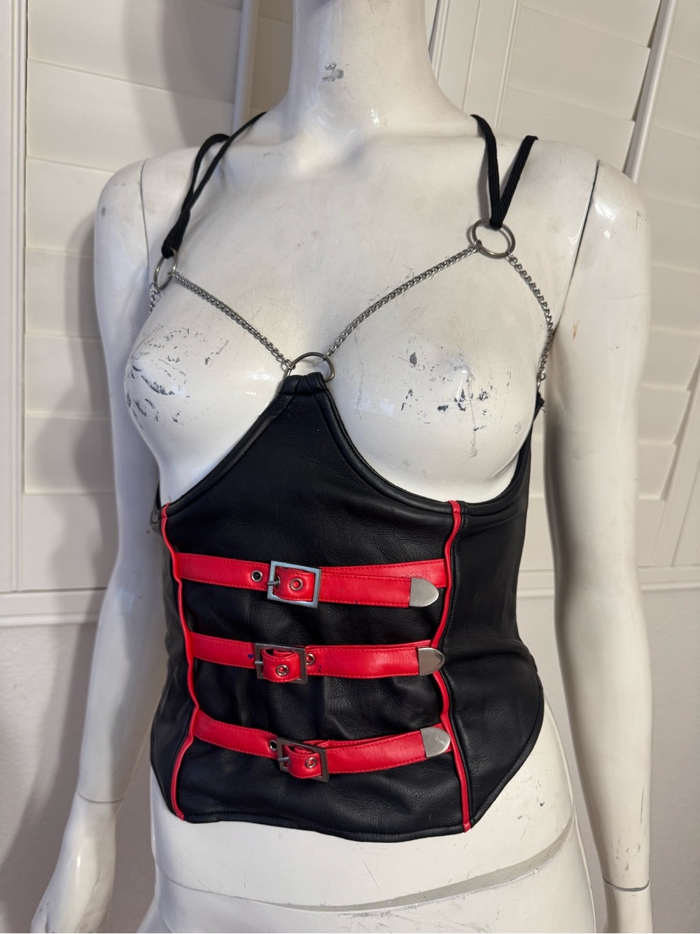 Buckle-Front Faux Leather Camisole in Black and Red